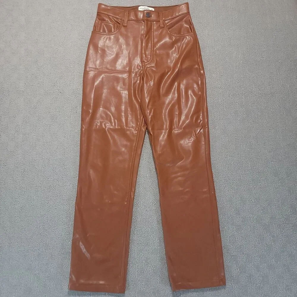 Abercrombie Fitch 90s Ultra High Rise Straight Faux Leather Pants Women 27 Brown